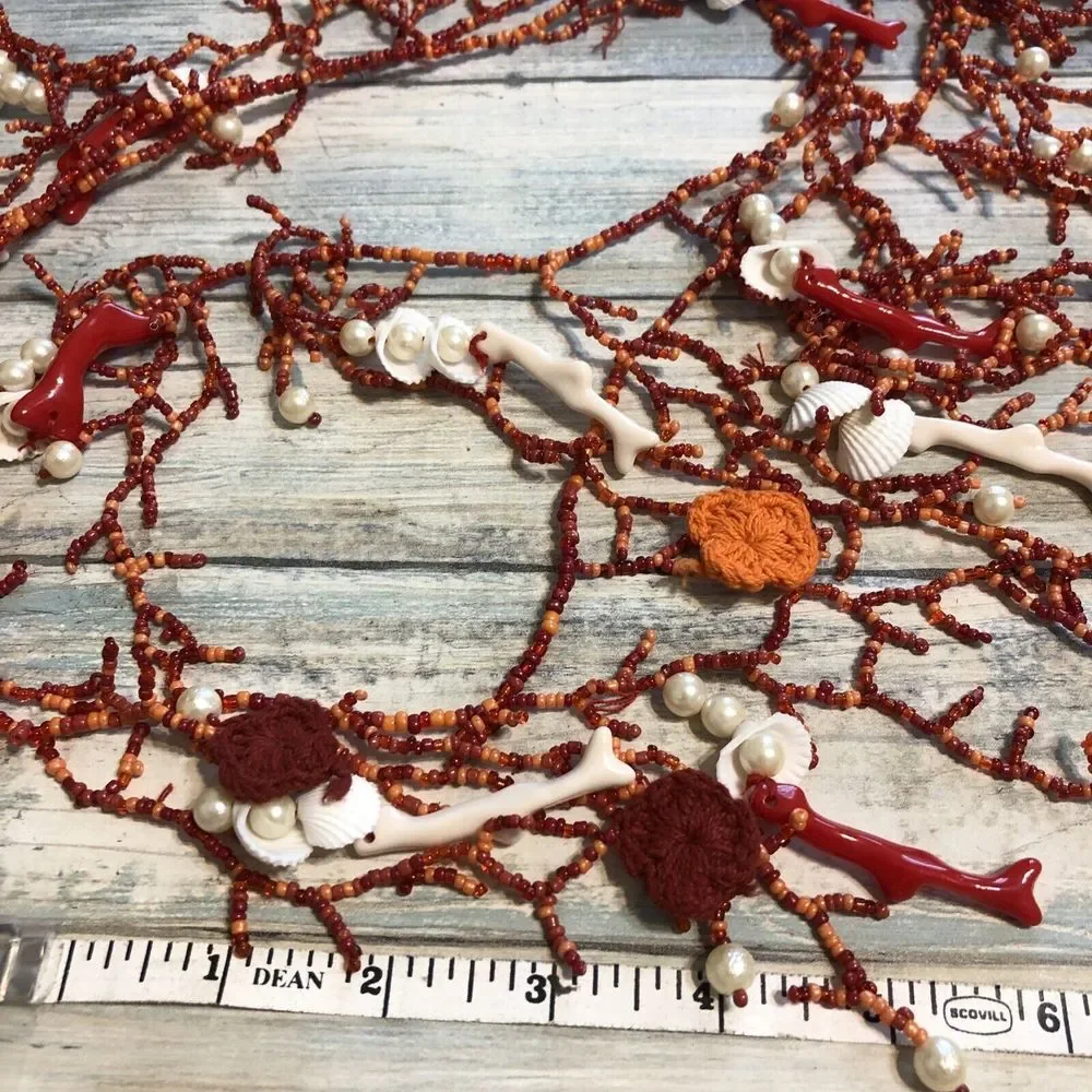 Artisan Handmade Faux Coral Pearl Necklace Acrylic Crochet Shells Red Orange 48